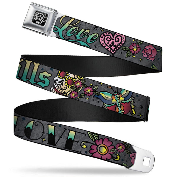 Buckle-Down BD Wings Logo CLOSE-UP Full Color Black Silver Seatbelt Belt - Love Kills Gray Webbing