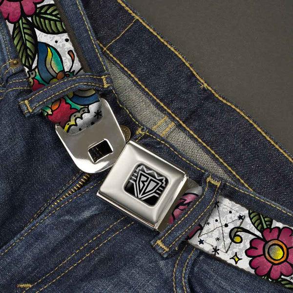 Buckle-Down BD Wings Logo CLOSE-UP Full Color Black Silver Seatbelt Belt - Love Kills CLOSE-UP White Webbing