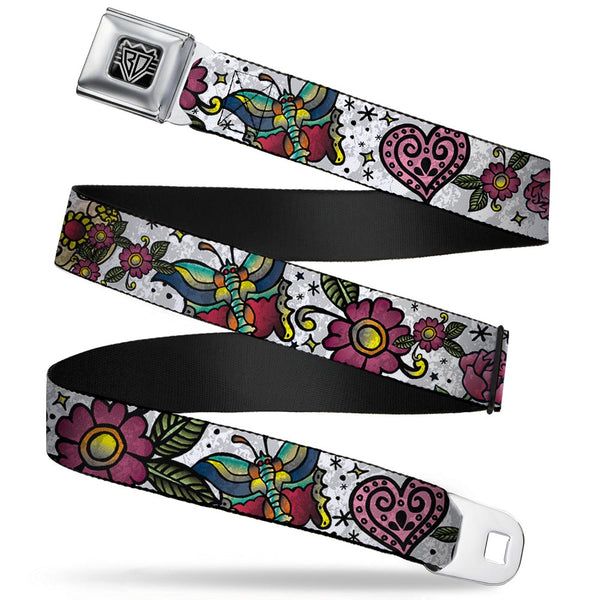 Buckle-Down BD Wings Logo CLOSE-UP Full Color Black Silver Seatbelt Belt - Love Kills CLOSE-UP White Webbing