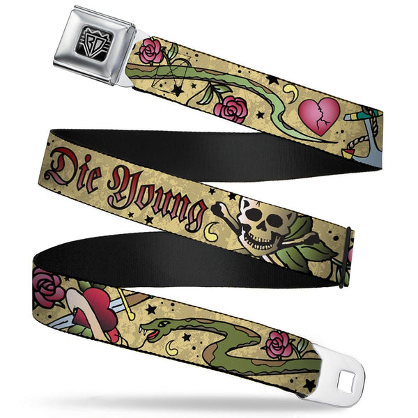 Buckle-Down BD Wings Logo CLOSE-UP Full Color Black Silver Seatbelt Belt - Live Hard Die Young Tan Webbing