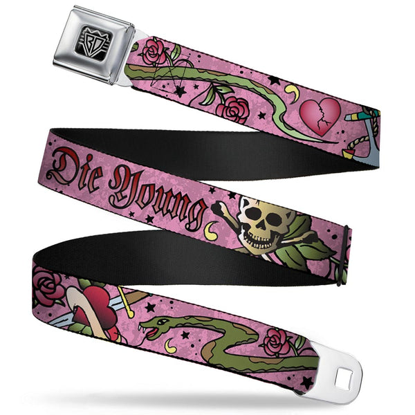 Buckle-Down BD Wings Logo CLOSE-UP Full Color Black Silver Seatbelt Belt - Live Hard Die Young Pink Webbing