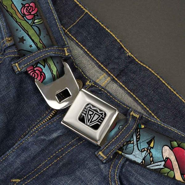 Buckle-Down BD Wings Logo CLOSE-UP Full Color Black Silver Seatbelt Belt - Live Hard Die Young CLOSE-UP Turquoise Webbing