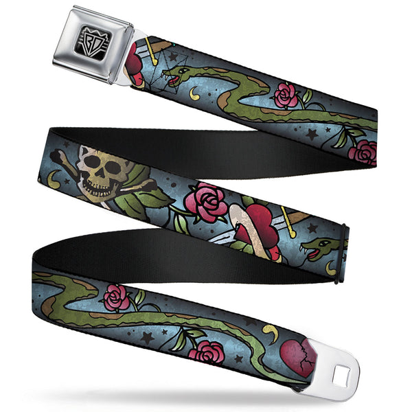 Buckle-Down BD Wings Logo CLOSE-UP Full Color Black Silver Seatbelt Belt - Live Hard Die Young CLOSE-UP Turquoise Webbing