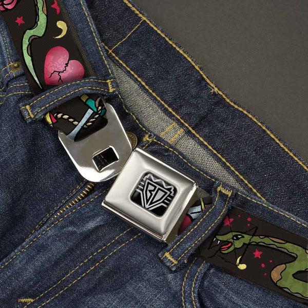 Buckle-Down BD Wings Logo CLOSE-UP Full Color Black Silver Seatbelt Belt - Live Hard Die Young CLOSE-UP Black Webbing
