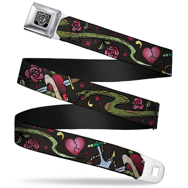 Buckle-Down BD Wings Logo CLOSE-UP Full Color Black Silver Seatbelt Belt - Live Hard Die Young CLOSE-UP Black Webbing