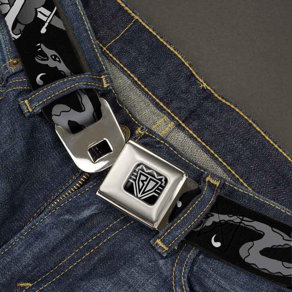Buckle-Down BD Wings Logo CLOSE-UP Full Color Black Silver Seatbelt Belt - Live Hard Die Young Black/White Webbing