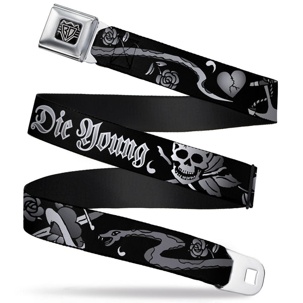 Buckle-Down BD Wings Logo CLOSE-UP Full Color Black Silver Seatbelt Belt - Live Hard Die Young Black/White Webbing