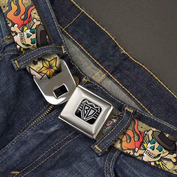 Buckle-Down BD Wings Logo CLOSE-UP Full Color Black Silver Seatbelt Belt - Death Or Glory Tan Webbing