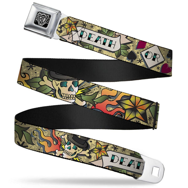 Buckle-Down BD Wings Logo CLOSE-UP Full Color Black Silver Seatbelt Belt - Death or Glory Tan Webbing