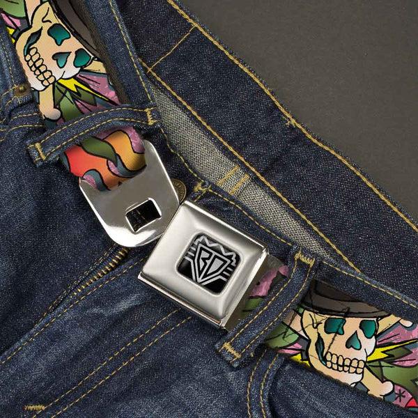 Buckle-Down BD Wings Logo CLOSE-UP Full Color Black Silver Seatbelt Belt - Death Or Glory Pink Webbing