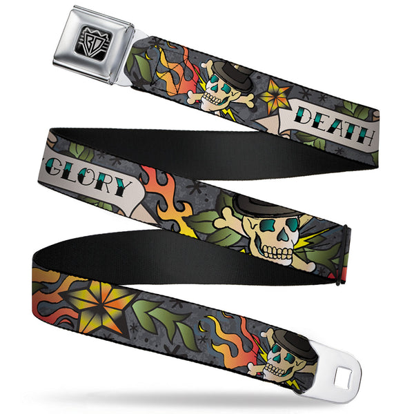 Buckle-Down BD Wings Logo CLOSE-UP Full Color Black Silver Seatbelt Belt - Death or Glory Gray Webbing