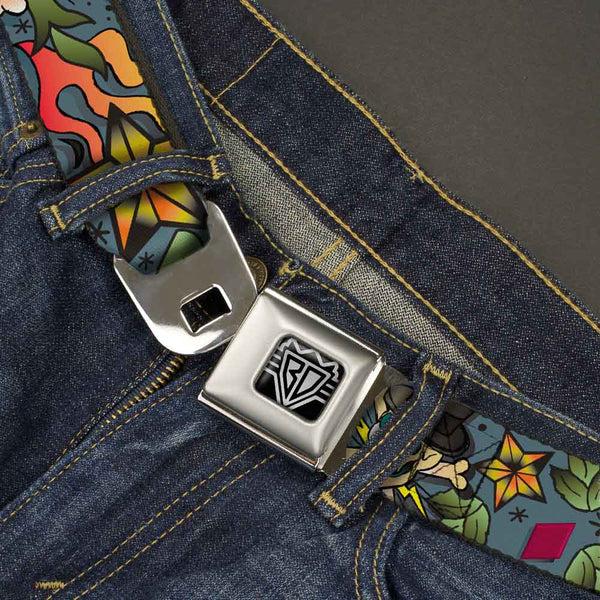 Buckle-Down BD Wings Logo CLOSE-UP Full Color Black Silver Seatbelt Belt - Death Or Glory CLOSE-UP Gray Webbing