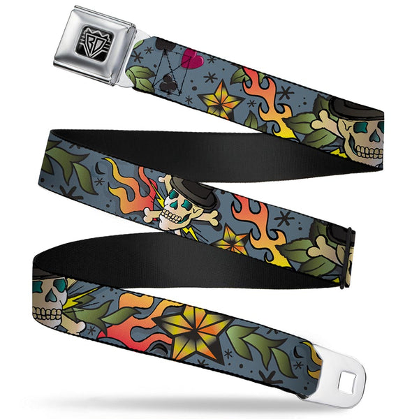 Buckle-Down BD Wings Logo CLOSE-UP Full Color Black Silver Seatbelt Belt - Death or Glory CLOSE-UP Gray Webbing