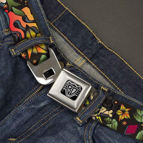 Buckle-Down BD Wings Logo CLOSE-UP Full Color Black Silver Seatbelt Belt - Death Or Glory CLOSE-UP Black Webbing