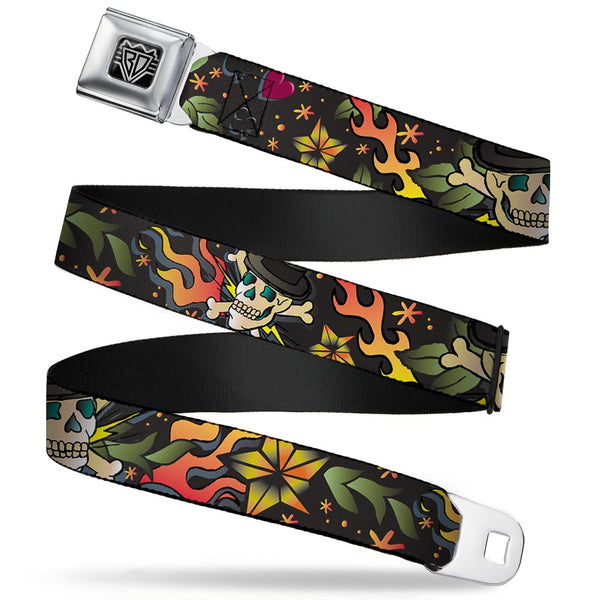 Buckle-Down BD Wings Logo CLOSE-UP Full Color Black Silver Seatbelt Belt - Death or Glory CLOSE-UP Black Webbing