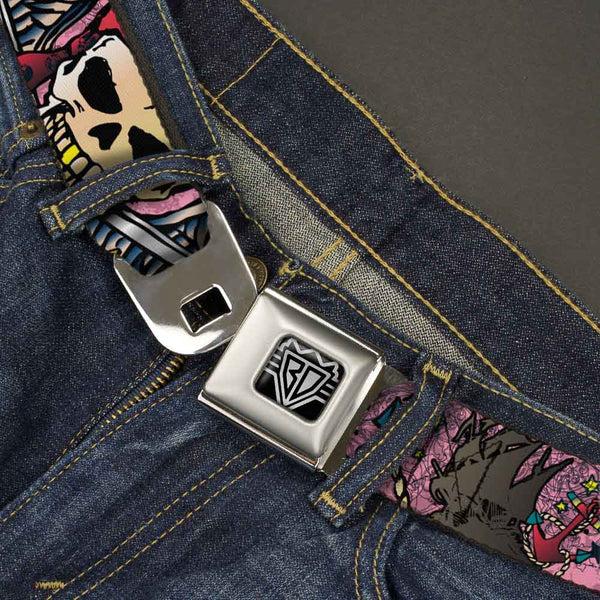 Buckle-Down BD Wings Logo CLOSE-UP Full Color Black Silver Seatbelt Belt - Dead Men Tell No Tales Pink Webbing