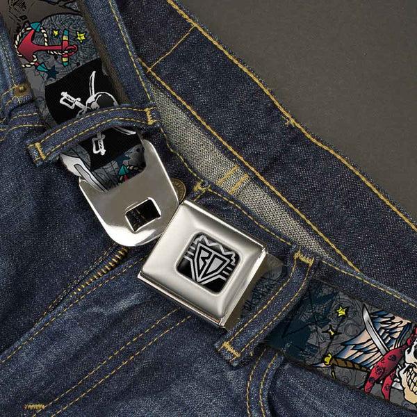 Buckle-Down BD Wings Logo CLOSE-UP Full Color Black Silver Seatbelt Belt - Dead Men Tell No Tales Gray Webbing