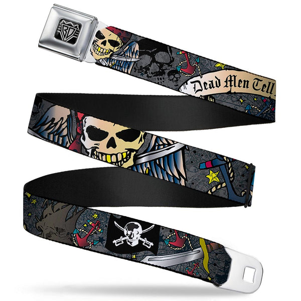 Buckle-Down BD Wings Logo CLOSE-UP Full Color Black Silver Seatbelt Belt - Dead Men Tell No Tales Gray Webbing