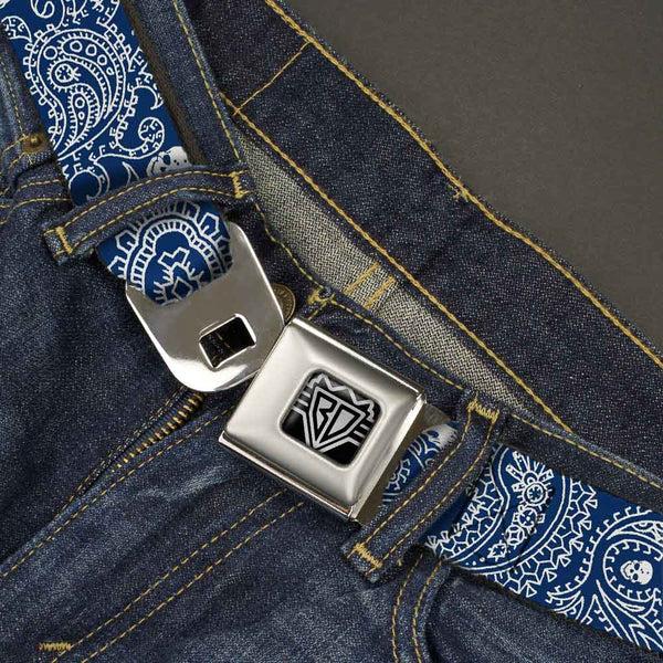 Buckle-Down BD Wings Logo CLOSE-UP Full Color Black Silver Seatbelt Belt - Bandana/Skulls Royal/White Webbing