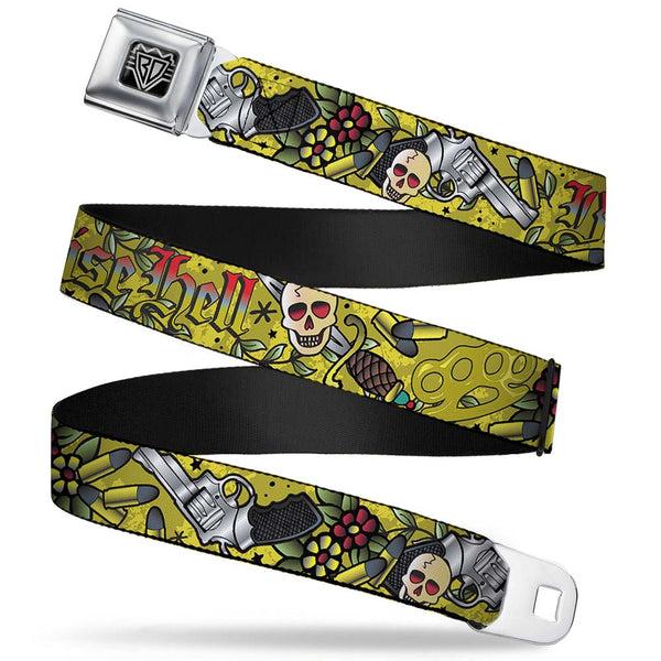 Buckle-Down BD Wings Logo CLOSE-UP Full Color Black Silver Seatbelt Belt - Born to Raise Hell Yellow Webbing