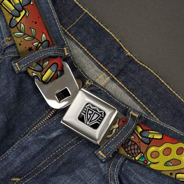 Buckle-Down BD Wings Logo CLOSE-UP Full Color Black Silver Seatbelt Belt - Born To Raise Hell Red Webbing