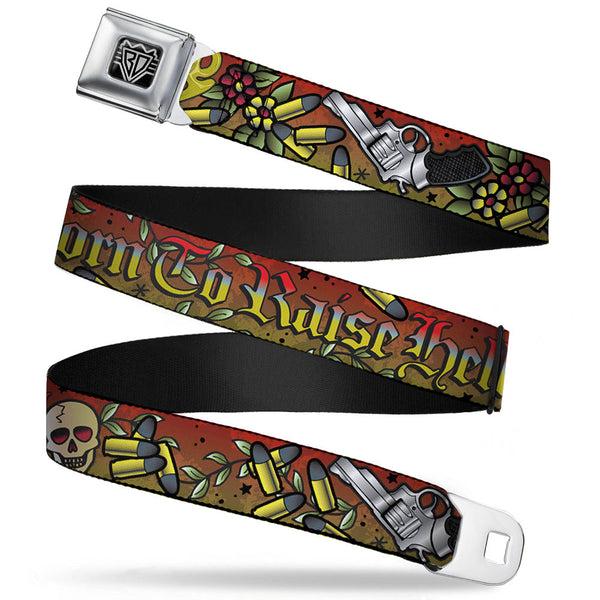 Buckle-Down BD Wings Logo CLOSE-UP Full Color Black Silver Seatbelt Belt - Born to Raise Hell Red Webbing