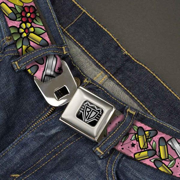 Buckle-Down BD Wings Logo CLOSE-UP Full Color Black Silver Seatbelt Belt - Born To Raise Hell Pink Webbing