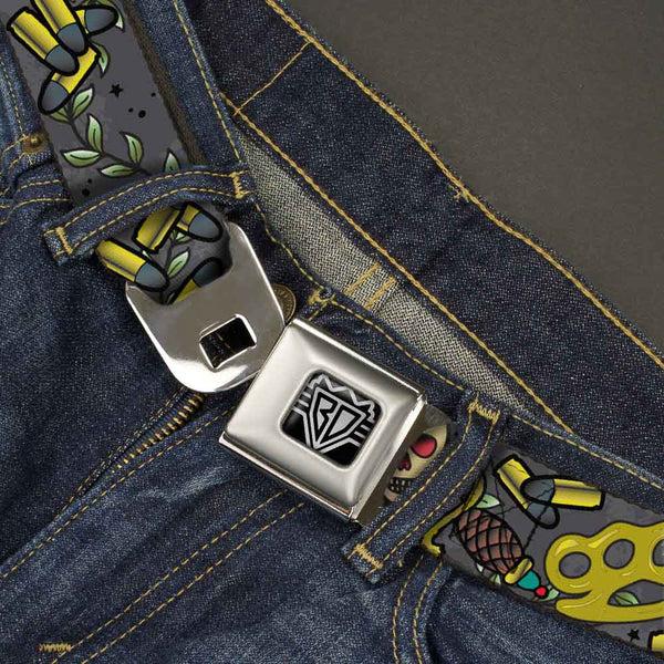Buckle-Down BD Wings Logo CLOSE-UP Full Color Black Silver Seatbelt Belt - Born To Raise Hell Gray Webbing