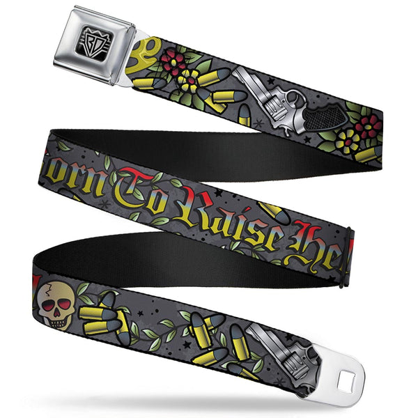 Buckle-Down BD Wings Logo CLOSE-UP Full Color Black Silver Seatbelt Belt - Born to Raise Hell Gray Webbing