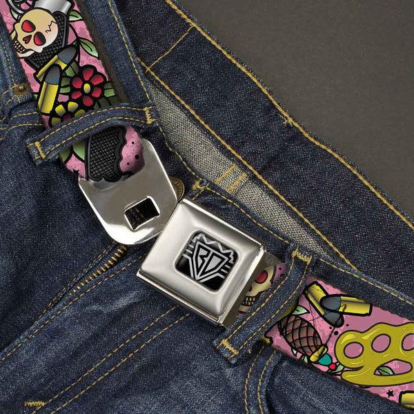 Buckle-Down BD Wings Logo CLOSE-UP Full Color Black Silver Seatbelt Belt - Born To Raise Hell CLOSE-UP Pink Webbing