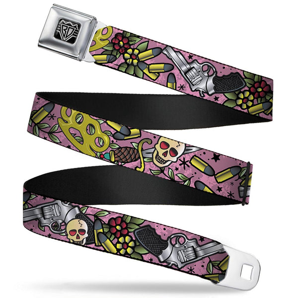 Buckle-Down BD Wings Logo CLOSE-UP Full Color Black Silver Seatbelt Belt - Born to Raise Hell CLOSE-UP Pink Webbing
