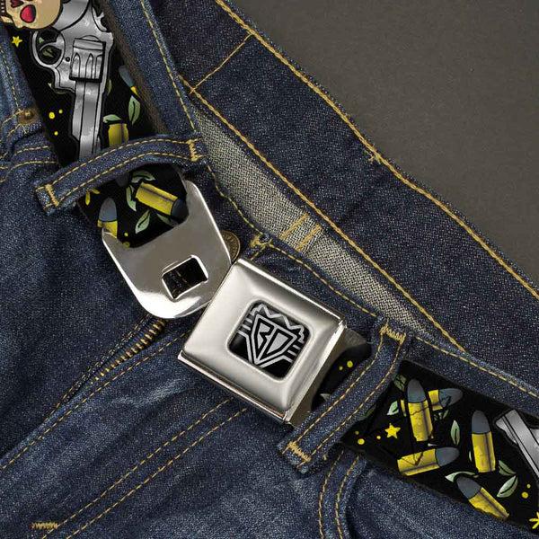 Buckle-Down BD Wings Logo CLOSE-UP Full Color Black Silver Seatbelt Belt - Born To Raise Hell CLOSE-UP Black Webbing
