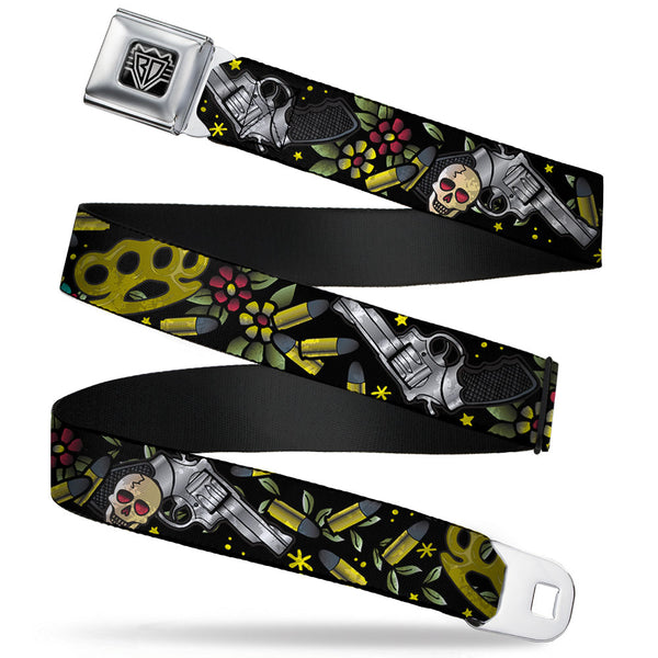Buckle-Down BD Wings Logo CLOSE-UP Full Color Black Silver Seatbelt Belt - Born to Raise Hell CLOSE-UP Black Webbing