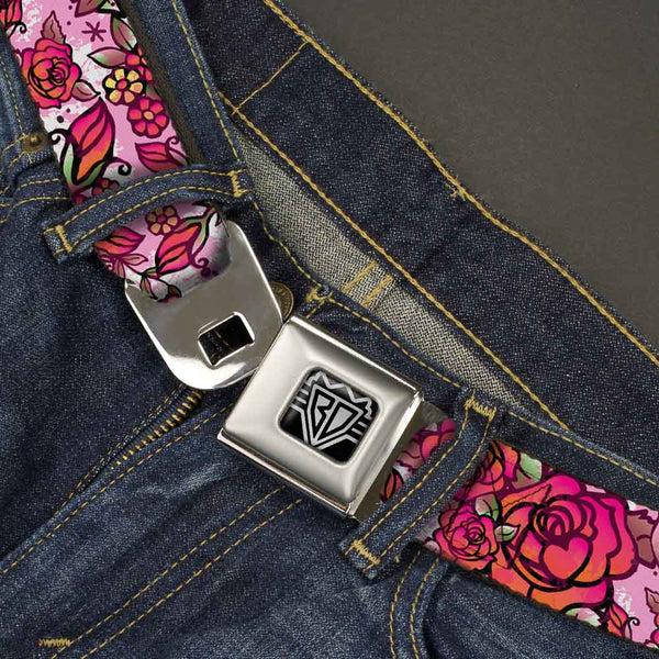 Buckle-Down BD Wings Logo CLOSE-UP Full Color Black Silver Seatbelt Belt - Born To Blossom CLOSE-UP White Webbing
