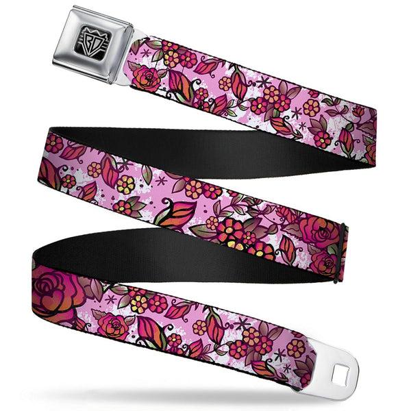 Buckle-Down BD Wings Logo CLOSE-UP Full Color Black Silver Seatbelt Belt - Born to Blossom CLOSE-UP White Webbing