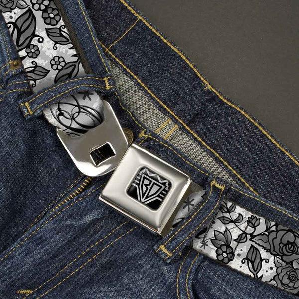Buckle-Down BD Wings Logo CLOSE-UP Full Color Black Silver Seatbelt Belt - Born To Blossom Black/White Webbing