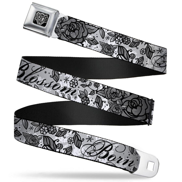 Buckle-Down BD Wings Logo CLOSE-UP Full Color Black Silver Seatbelt Belt - Born to Blossom Black/White Webbing