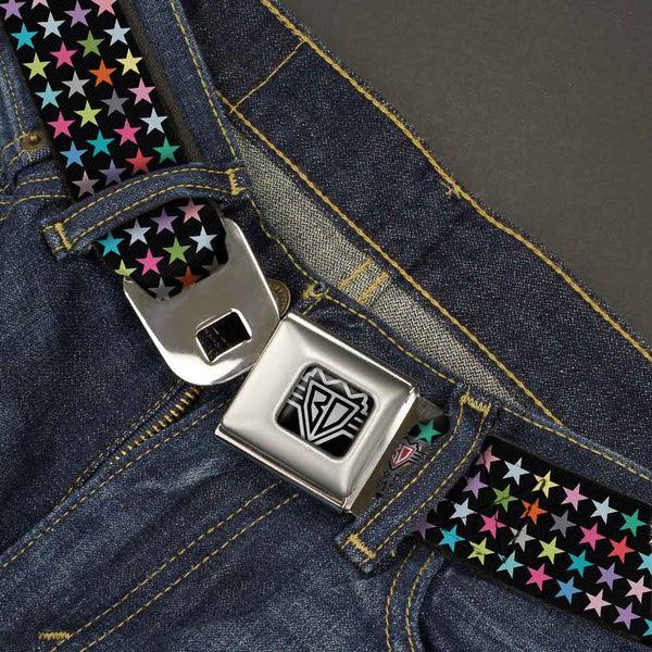 Buckle-Down BD Wings Logo CLOSE-UP Full Color Black Silver Seatbelt Belt - Mini Stars Black/Multi Color Webbing