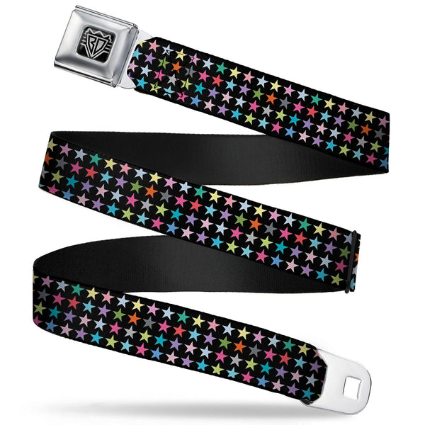 Buckle-Down BD Wings Logo CLOSE-UP Full Color Black Silver Seatbelt Belt - Mini Stars Black/Multi Color Webbing