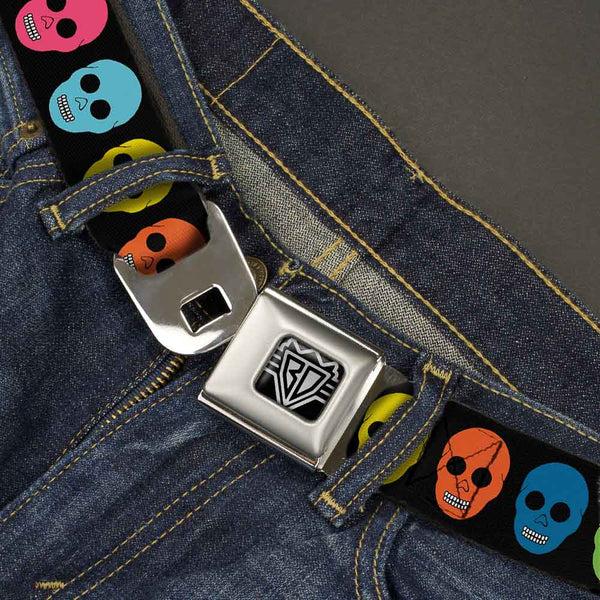 Buckle-Down BD Wings Logo CLOSE-UP Full Color Black Silver Seatbelt Belt - Skulls Black/Multi Color Webbing