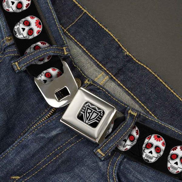 Buckle-Down BD Wings Logo CLOSE-UP Full Color Black Silver Seatbelt Belt - Sugar Skulls Black/White/Red Webbing
