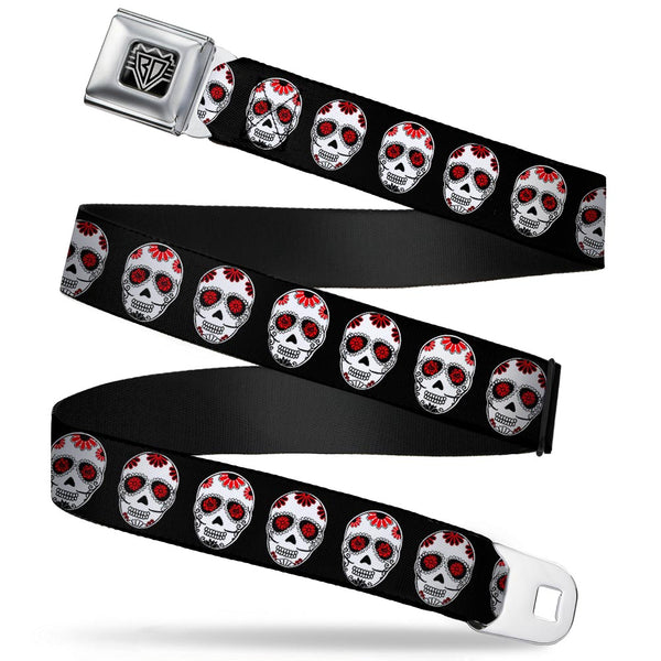 Buckle-Down BD Wings Logo CLOSE-UP Full Color Black Silver Seatbelt Belt - Sugar Skulls Black/White/Red Webbing
