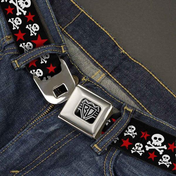 Buckle-Down BD Wings Logo CLOSE-UP Full Color Black Silver Seatbelt Belt - Skulls & Stars Black/White/Red Webbing