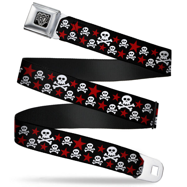 Buckle-Down BD Wings Logo CLOSE-UP Full Color Black Silver Seatbelt Belt - Skulls & Stars Black/White/Red Webbing