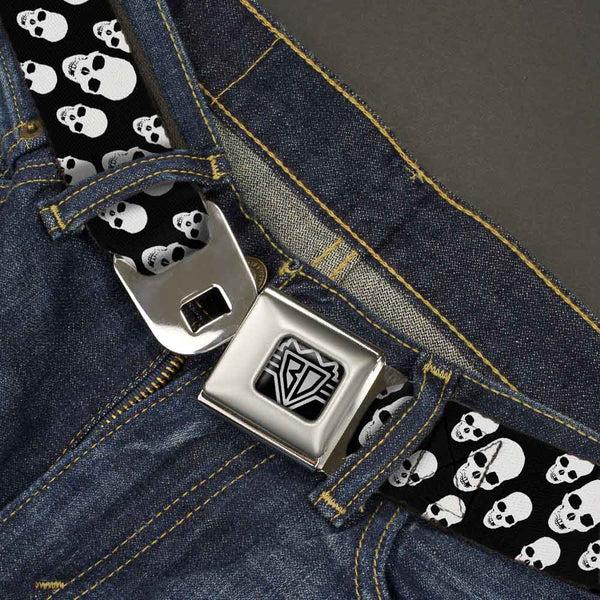 Buckle-Down BD Wings Logo CLOSE-UP Full Color Black Silver Seatbelt Belt - Tilted Skulls Black/White Webbing