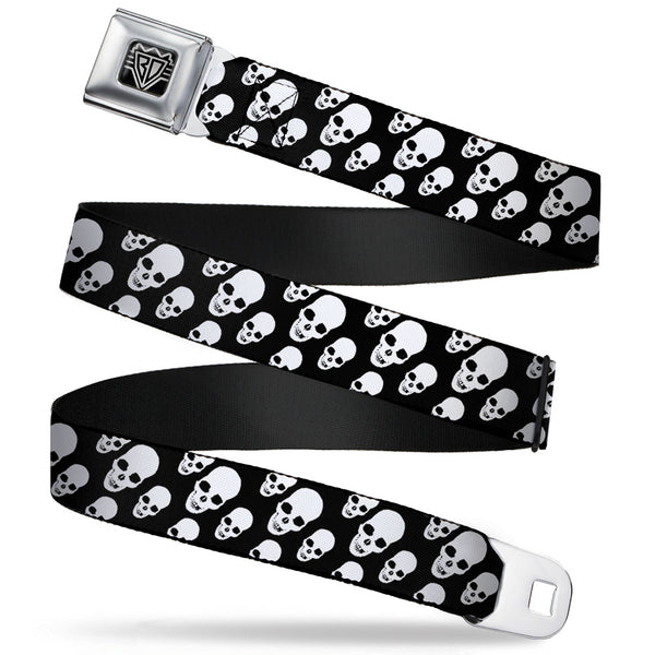 Buckle-Down BD Wings Logo CLOSE-UP Full Color Black Silver Seatbelt Belt - Tilted Skulls Black/White Webbing