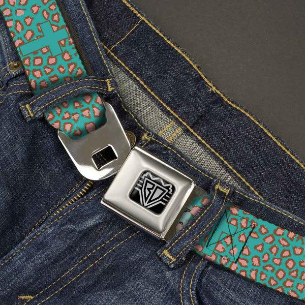 Buckle-Down BD Wings Logo CLOSE-UP Full Color Black Silver Seatbelt Belt - Cross Repeat Leopard Turquoise/Pink Webbing