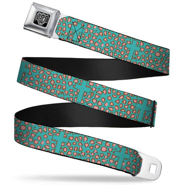 Buckle-Down BD Wings Logo CLOSE-UP Full Color Black Silver Seatbelt Belt - Cross Repeat Leopard Turquoise/Pink Webbing