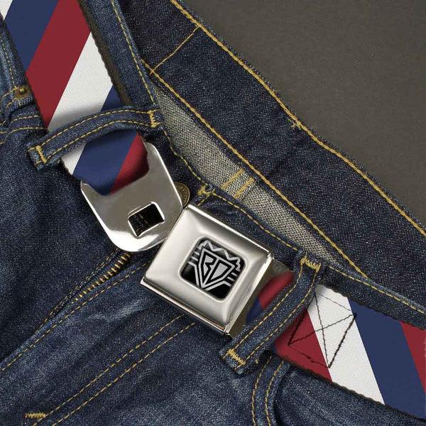 Buckle-Down BD Wings Logo CLOSE-UP Full Color Black Silver Seatbelt Belt - Diagonal Stripe Red/White/Navy Webbing