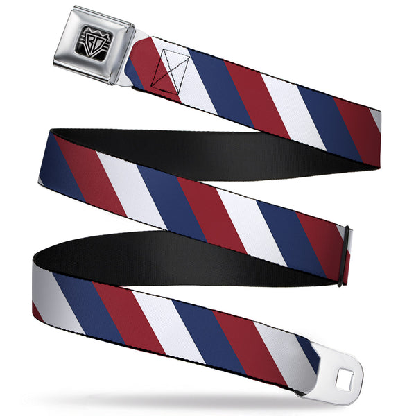 Buckle-Down BD Wings Logo CLOSE-UP Full Color Black Silver Seatbelt Belt - Diagonal Stripe Red/White/Navy Webbing